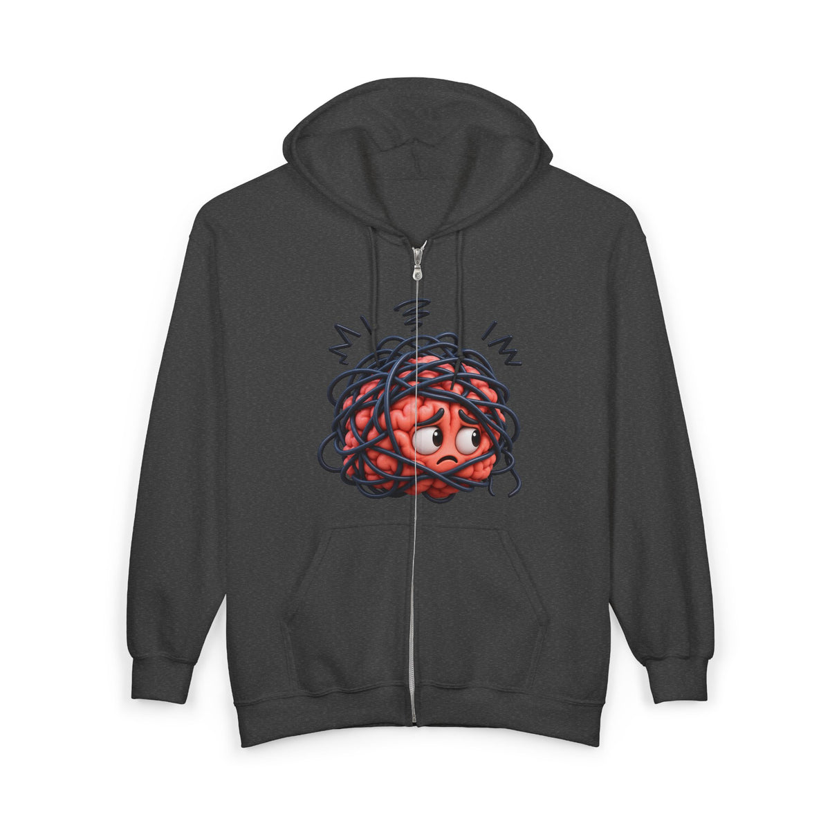 Zip Hoodie with Tangled Brain Cartoon Graphic - Anxiety Relief Humor Sweatshirt