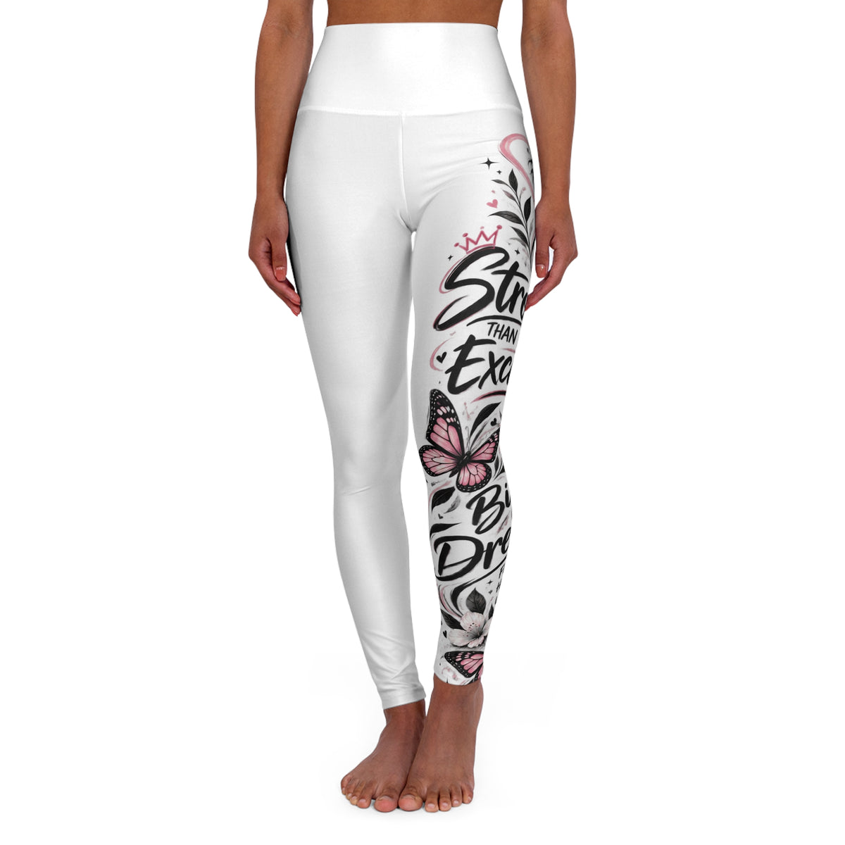 High-Waisted Yoga Leggings - Feminine Script & Pink Butterfly Motivational Design