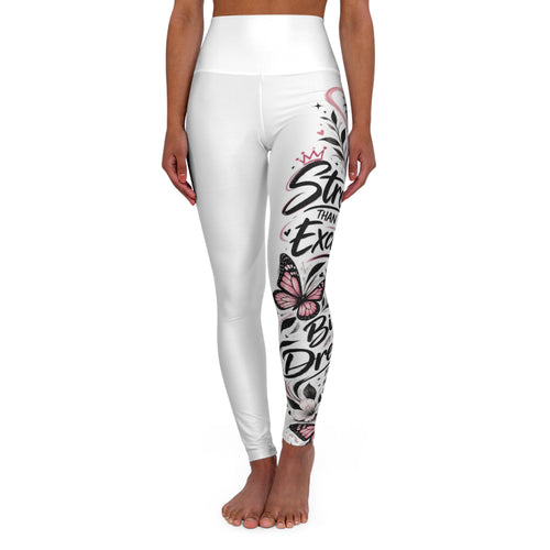 High-Waisted Yoga Leggings - Feminine Script & Pink Butterfly Motivational Design