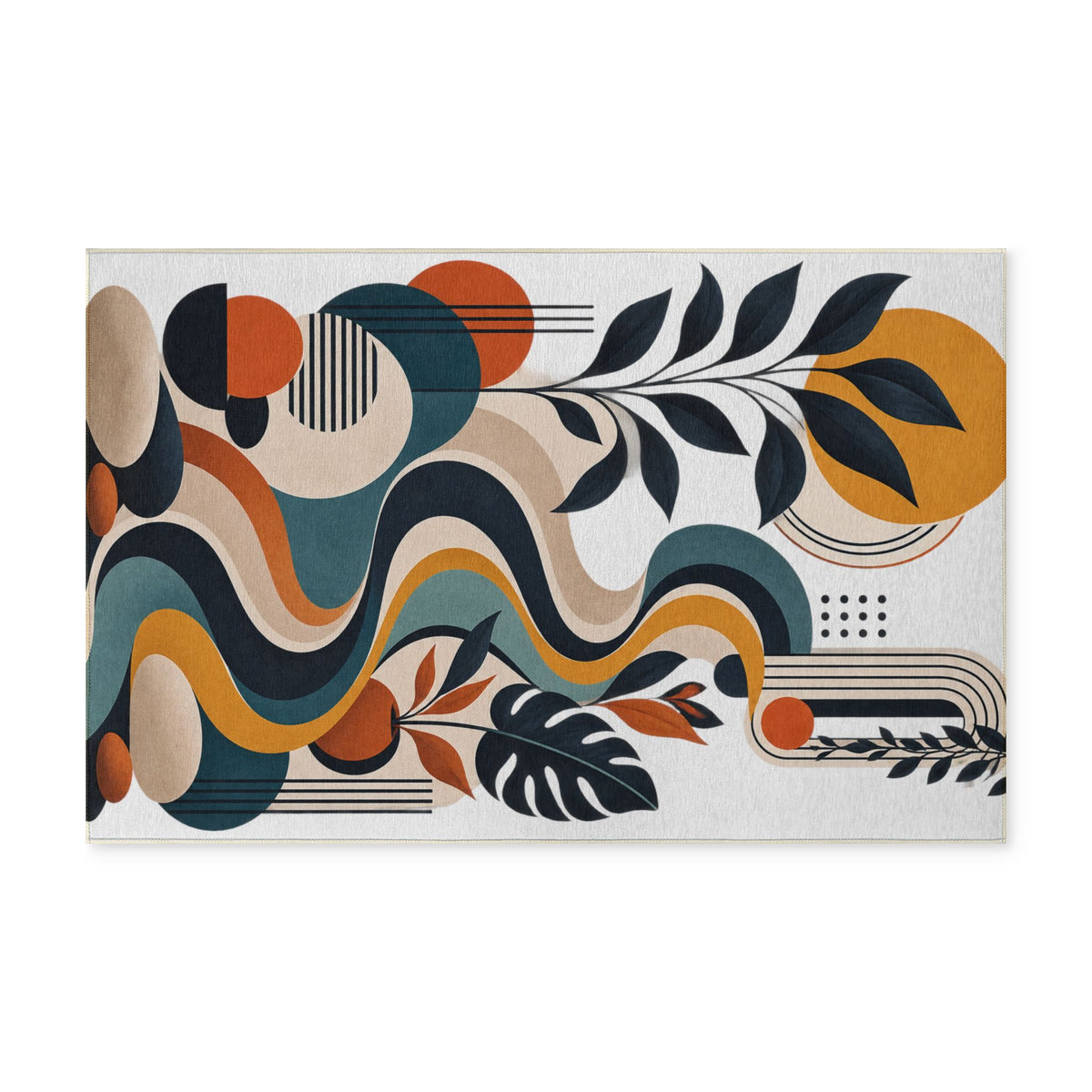 Abstract Retro Wave Washable Rug - Mid-Century Geometric Floral Door Mat