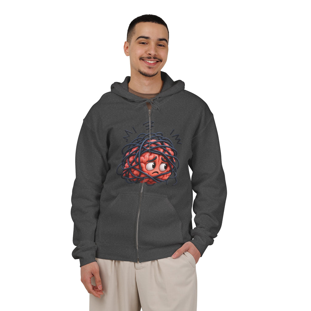 Zip Hoodie with Tangled Brain Cartoon Graphic - Anxiety Relief Humor Sweatshirt
