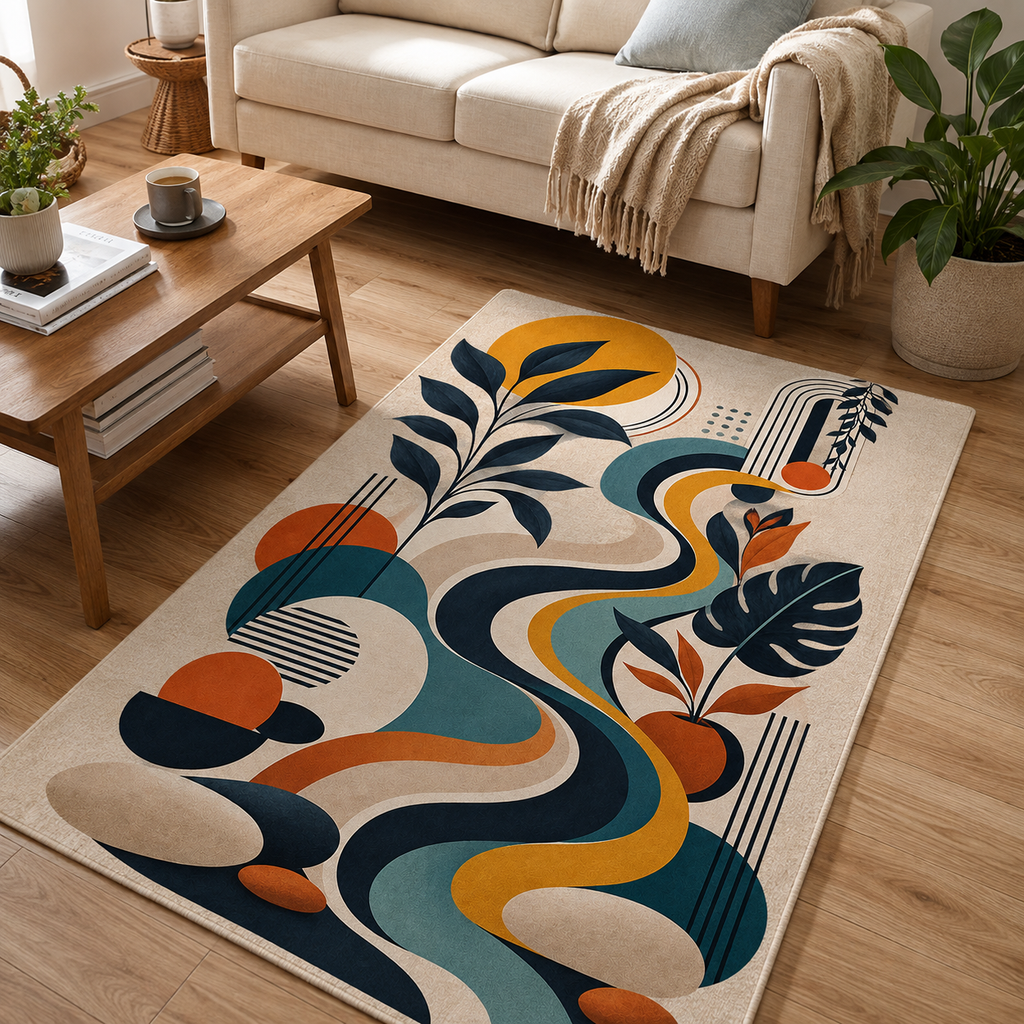 Abstract Retro Wave Washable Rug - Mid-Century Geometric Floral Door Mat