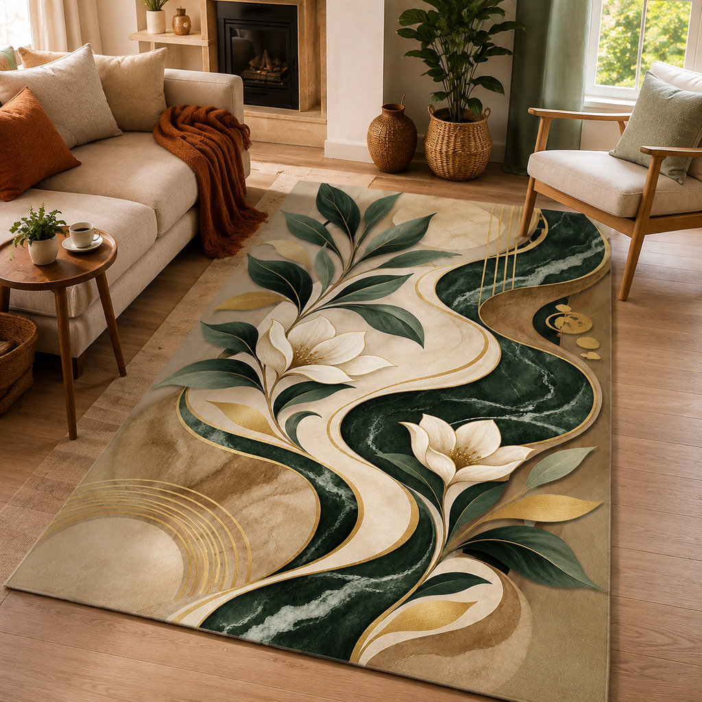 Abstract Botanical Washable Rug - Green Marble Waves Floral Accent Rug