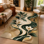 Abstract Botanical Washable Rug - Green Marble Waves Floral Accent Rug