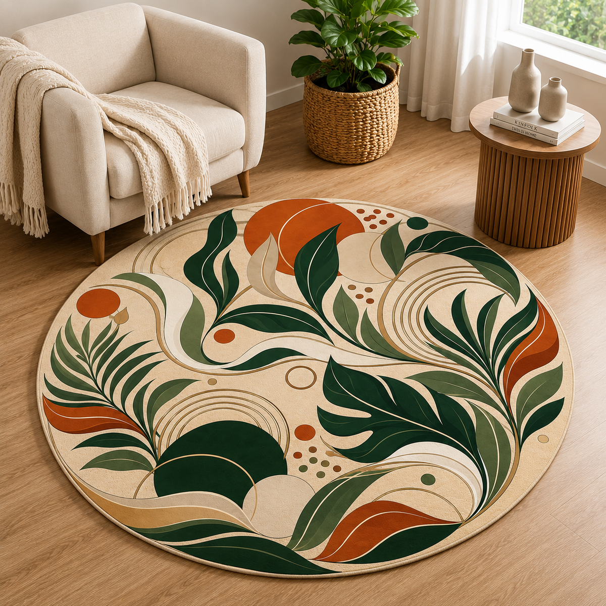 Personalized Boho Botanical Round Rug - Earth Tones Floral Accent Mat