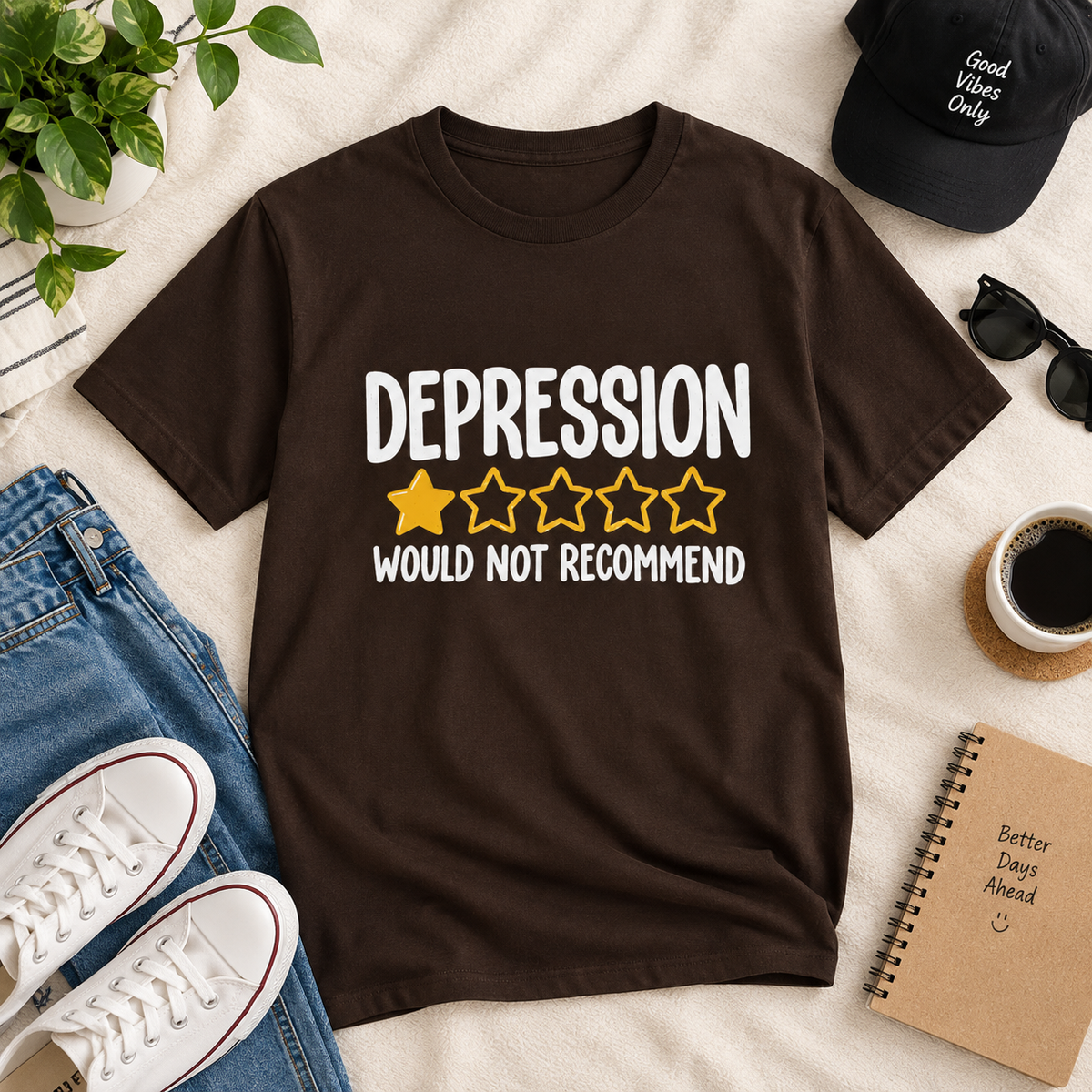 Depression 1-Star Tee - "Depression Would Not Recommend" Mental Health Humor T-Shirt