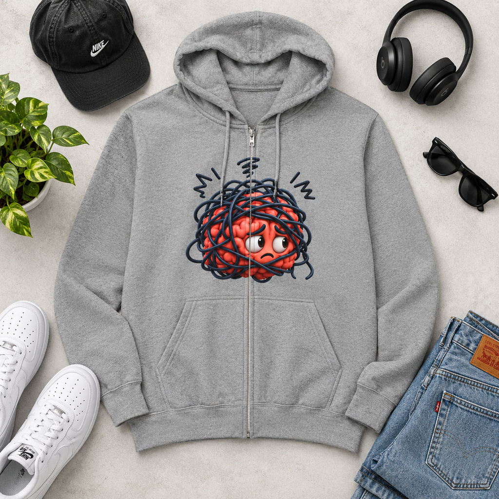 Zip Hoodie with Tangled Brain Cartoon Graphic - Anxiety Relief Humor Sweatshirt