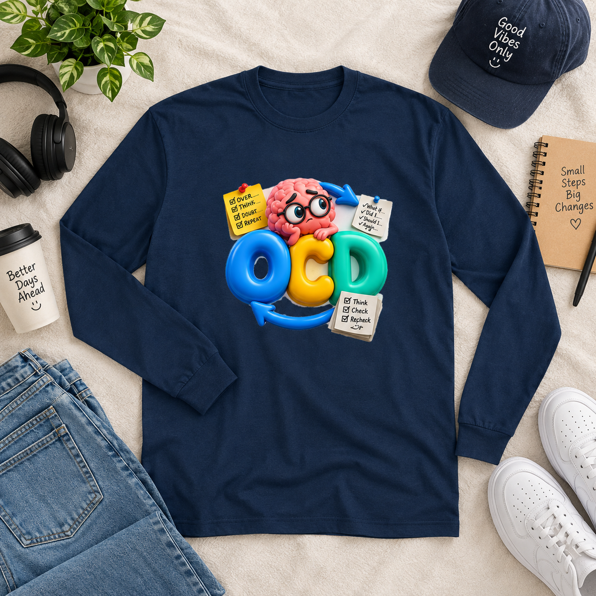 OCD Brain Cartoon Long Sleeve Tee - Cute Mental Health Awareness Shirt