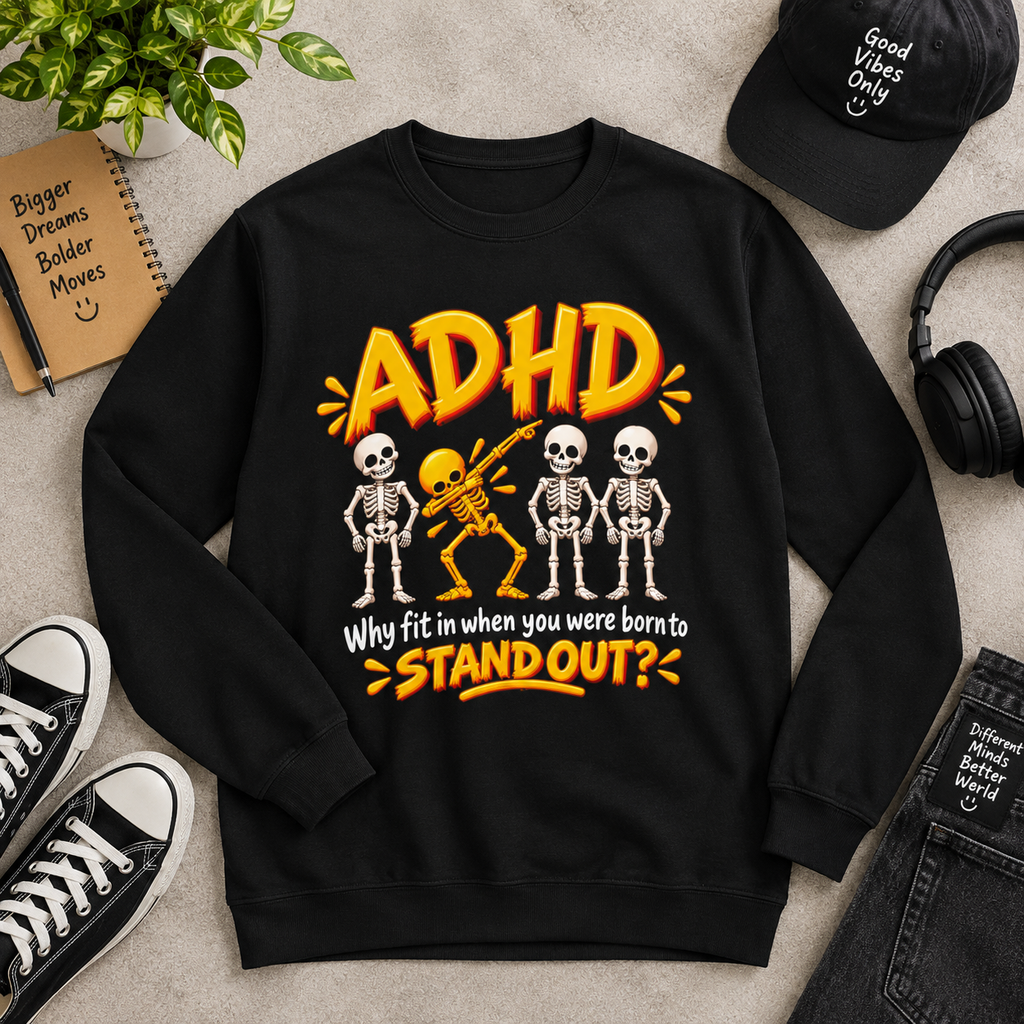 ADHD Skeleton Crewneck Sweatshirt - "Why fit in when you were born to stand out?"