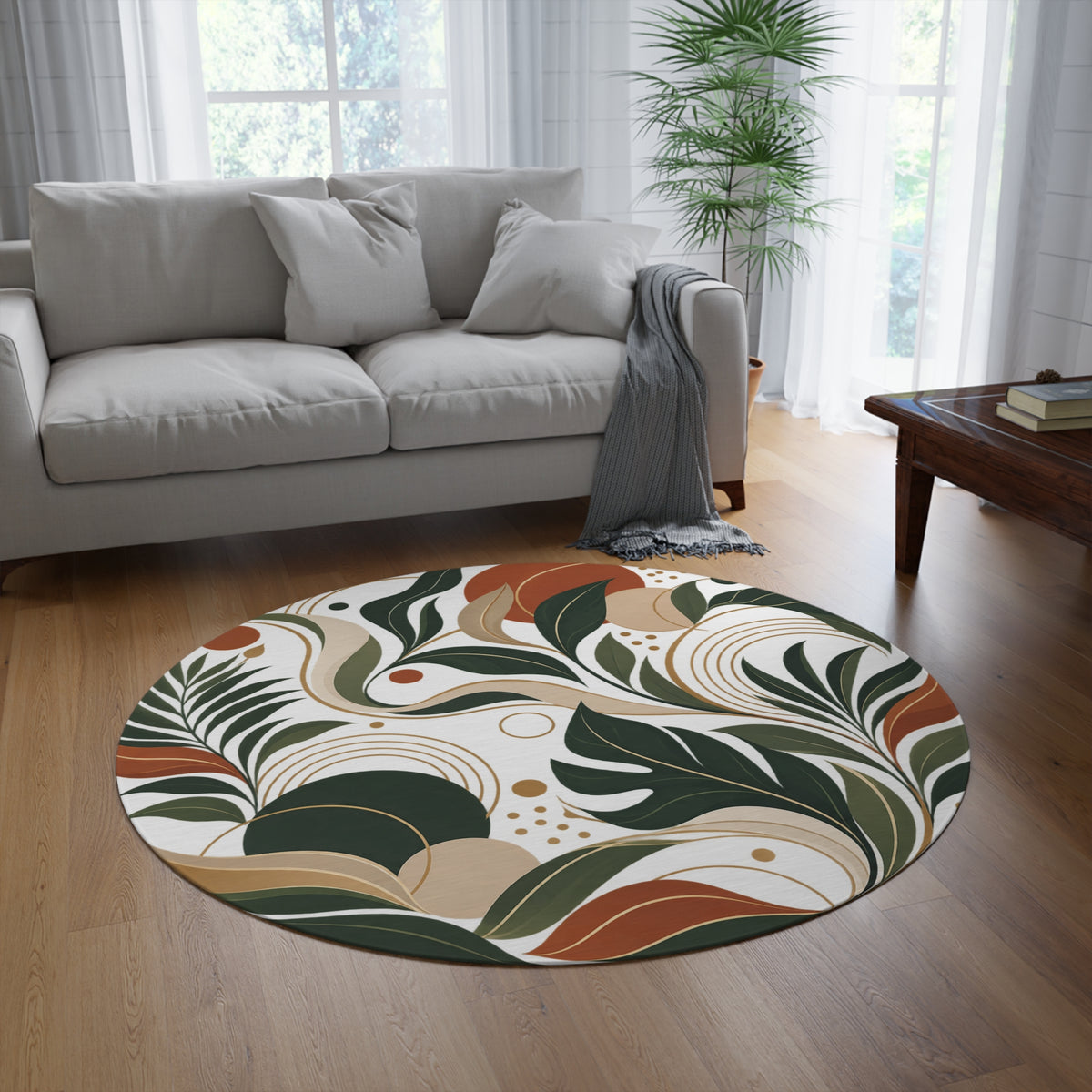 Personalized Boho Botanical Round Rug - Earth Tones Floral Accent Mat