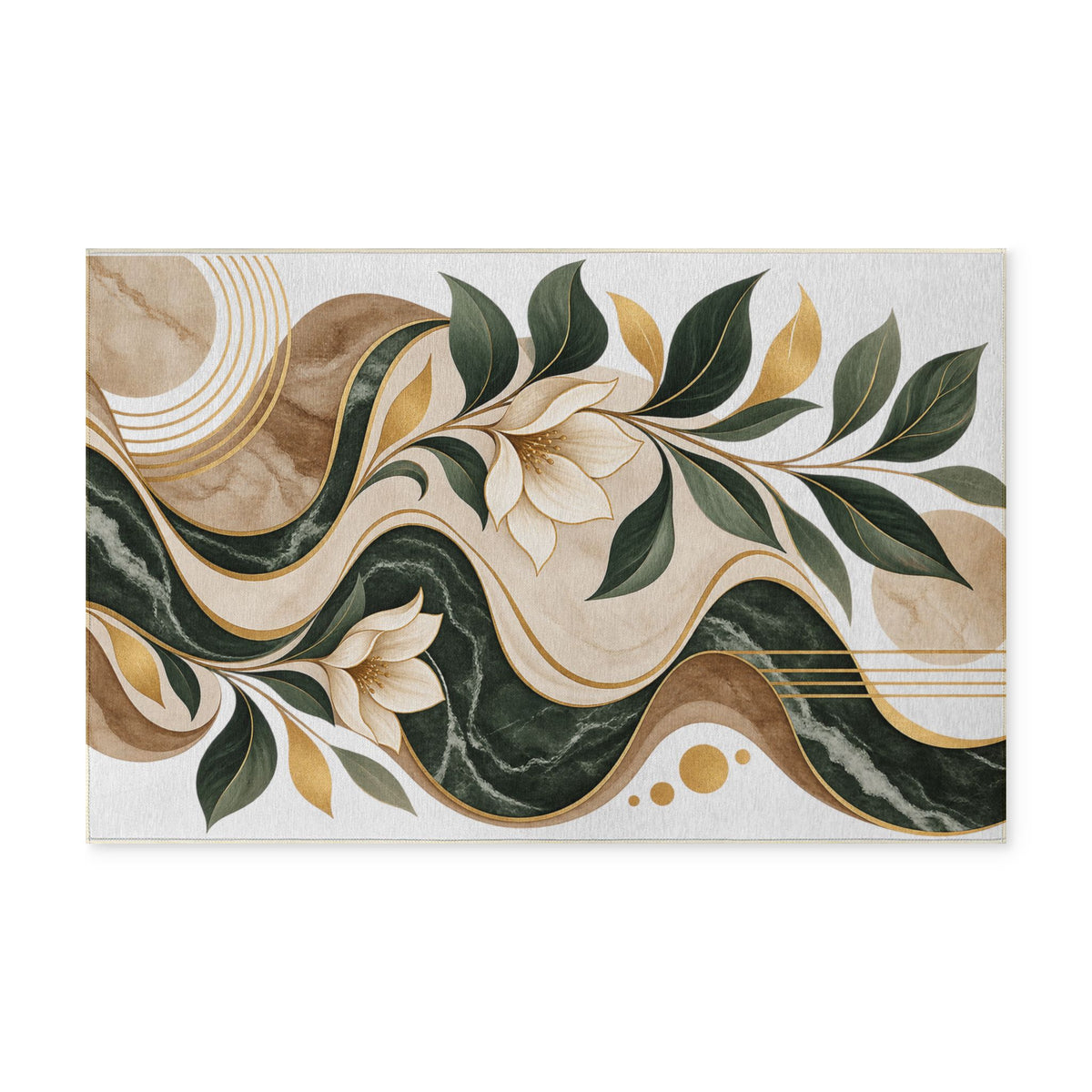 Abstract Botanical Washable Rug - Green Marble Waves Floral Accent Rug