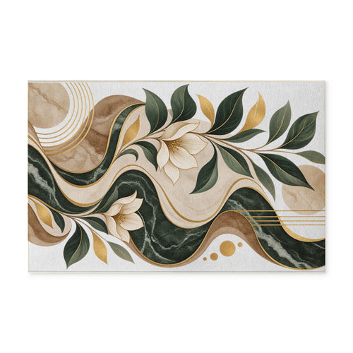 Abstract Botanical Washable Rug - Green Marble Waves Floral Accent Rug