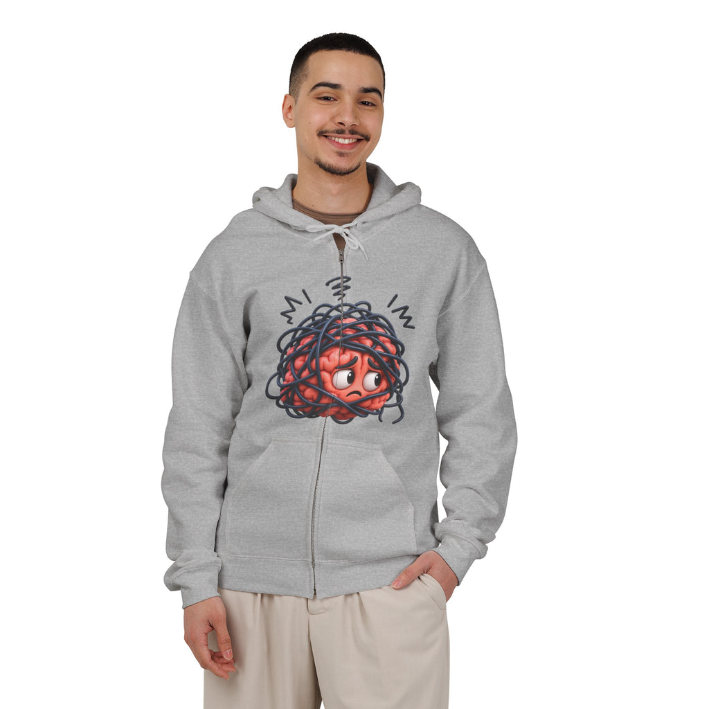 Zip Hoodie with Tangled Brain Cartoon Graphic - Anxiety Relief Humor Sweatshirt